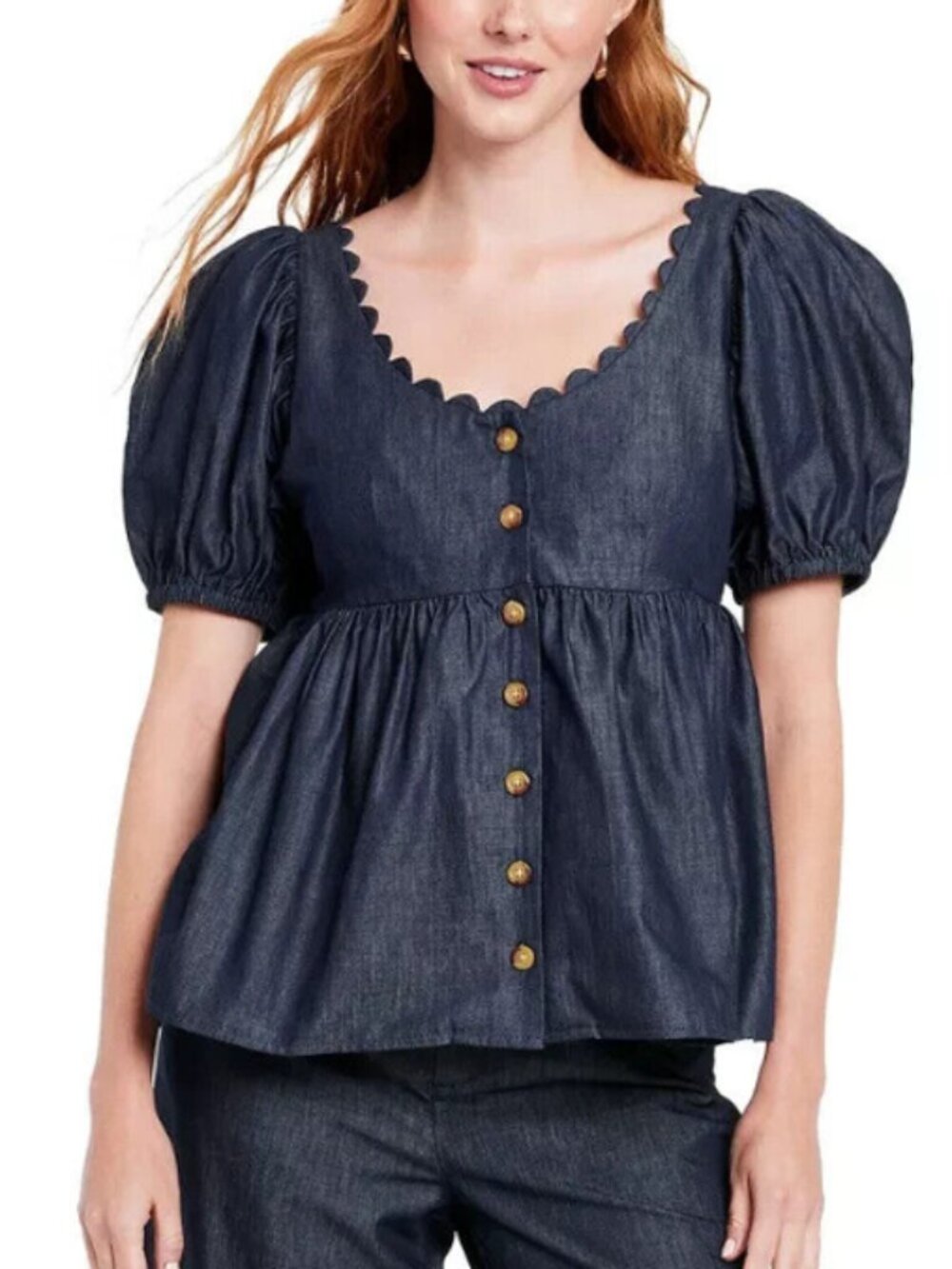 Kika Vargas x Target Puff Sleeve Denim Peplum Babydoll Top Size M